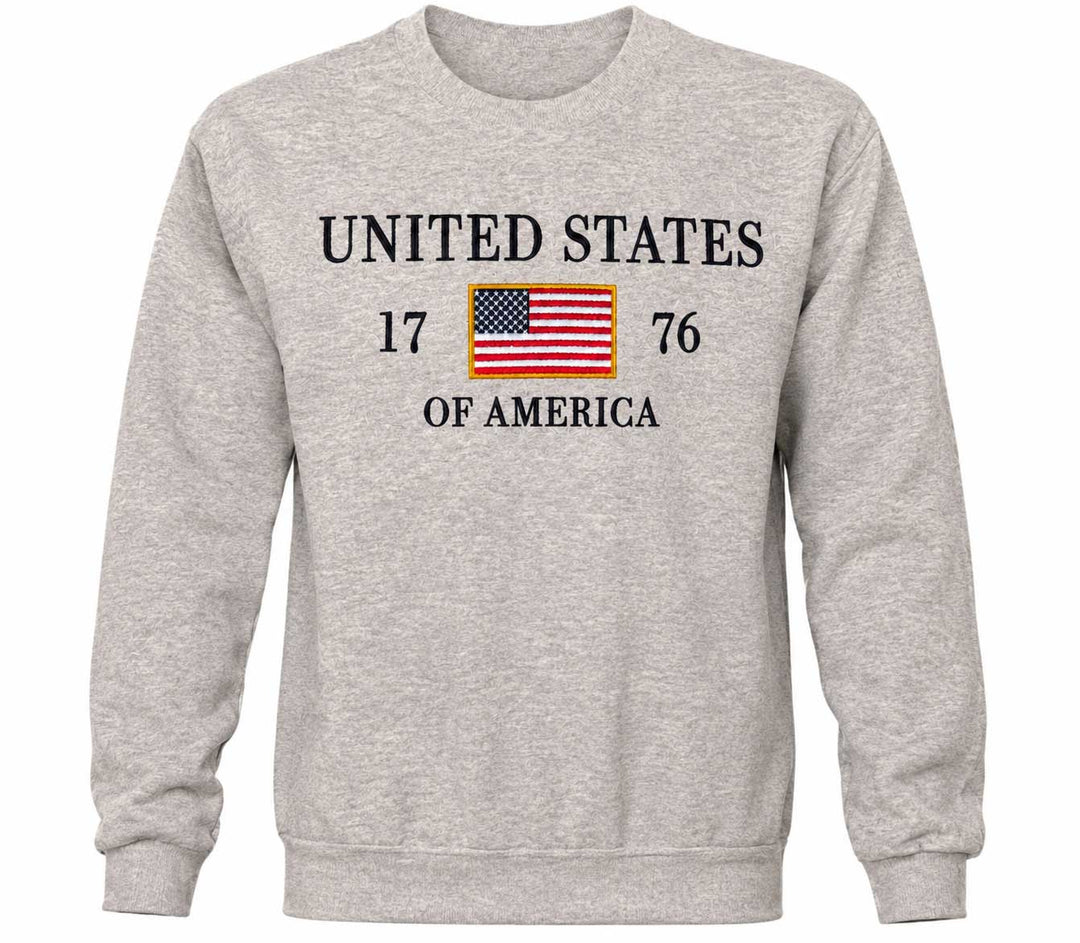 The United States of America Flag Crew Sweatshirt is a gray patriotic crew with an embroidered American flag and bold black UNITED STATES 1776 OF AMERICA text.