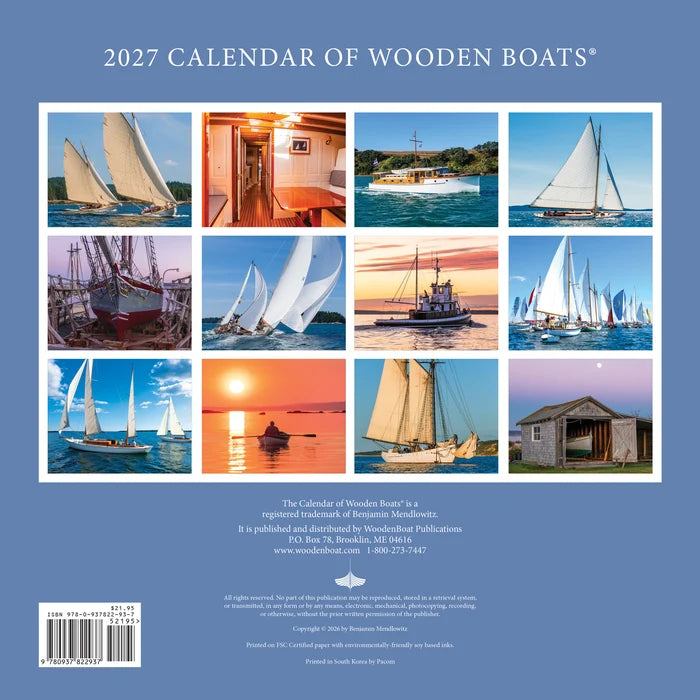 Showcasing twelve stunning photographs that honor maritime heritage, the 2027 Calendar of Wooden Boats features classic wooden boats in action or at rest, alongside images of a quaint boathouse and an inviting cabin—all beautifully presented in a 3x4 grid atop a tranquil blue backdrop.