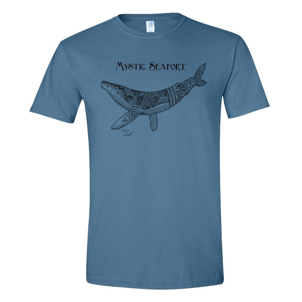 The Mystic Seaport Museum Whale T-Shirt showcases a detailed line art blue whale with decorative patterns and “Mystic Seaport Museum” in stylized font—ideal for maritime history enthusiasts.