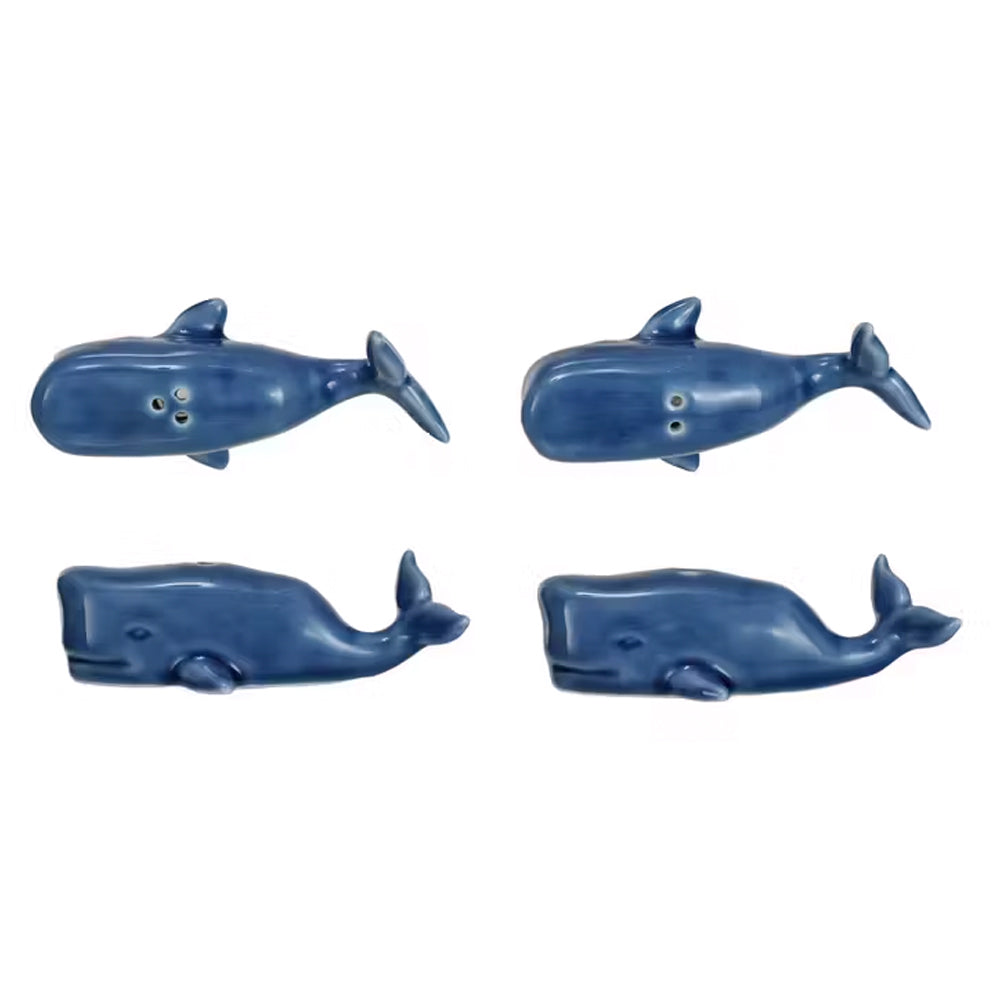 The Stoneware Whale Salt & Pepper Shakers set includes four blue ceramic whale-shaped pieces—two with holes for seasoning and two solid, ideal as chopstick rests. A charming addition to any nautical kitchen decor.