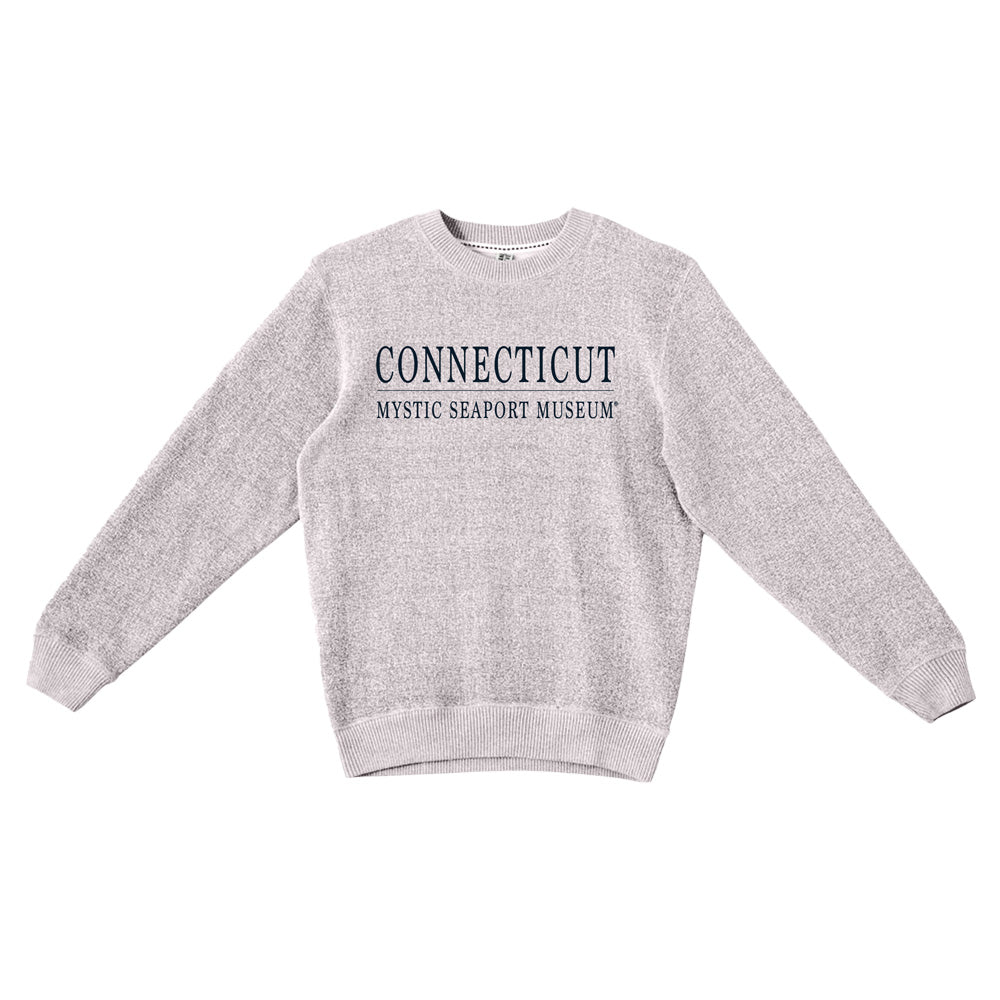 The Mystic Seaport Museum Collegiate Crew Sweatshirt in light gray features "CONNECTICUT" and "MYSTIC SEAPORT MUSEUM" in bold navy text, inspired by the renowned maritime museum and shown laid flat against a white background.