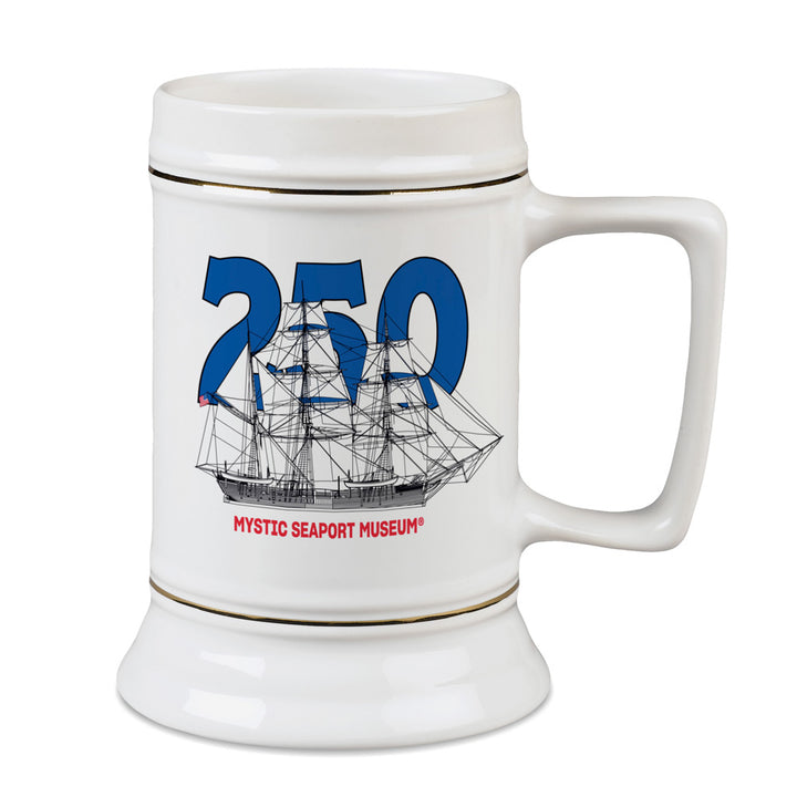 The Mystic Seaport Museum Connecticut Tall Ship Stein Mug is a white ceramic mug with a black line drawing of a historic sailing ship, bold blue 250 above, and Mystic Seaport Museum in red underneath—a perfect maritime collectible.