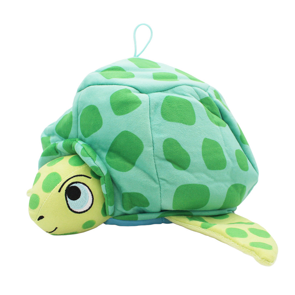 A fun Sea Turtle Novelty Hat with a plush green shell, dark green spots, a smiling face, and a top loop—perfect for ocean lovers or beach days—shown from the side on a white background.