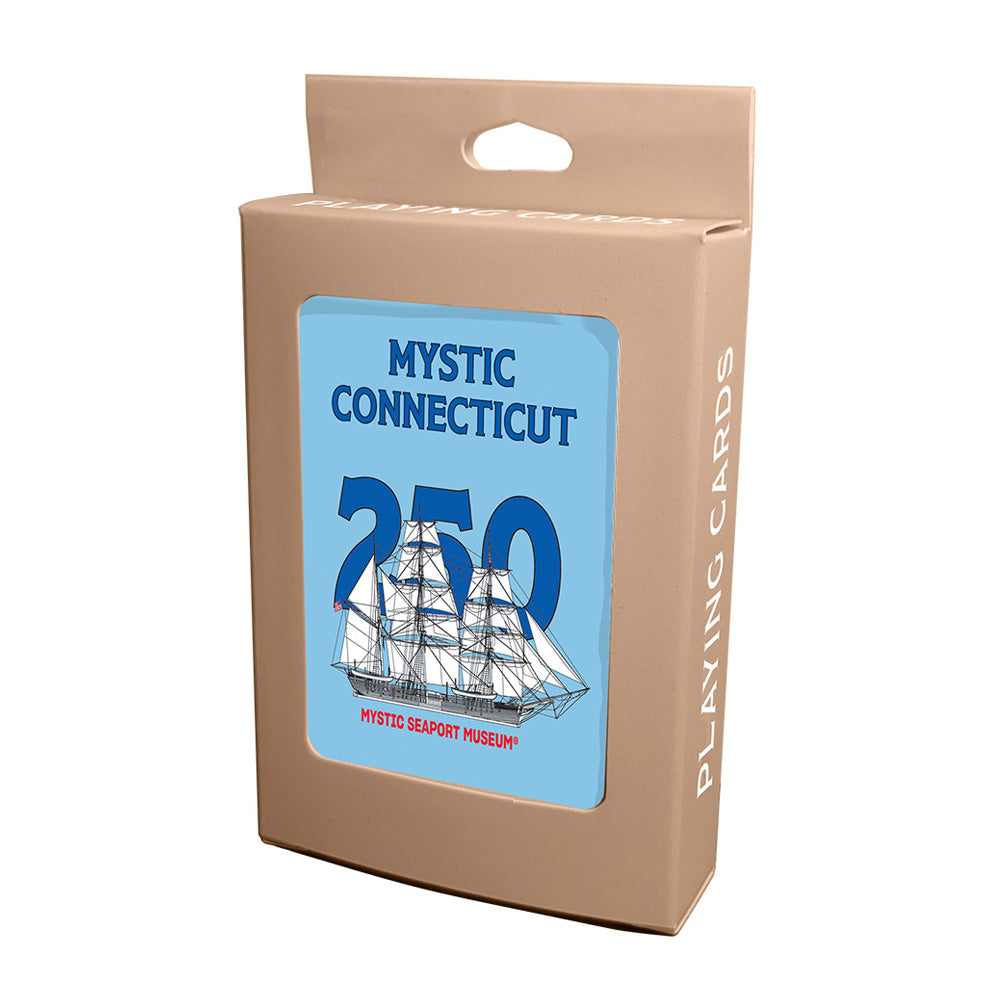 A beige box of Mystic Seaport Museum Tall Ship Playing Cards features a sailing ship, bold blue "MYSTIC CONNECTICUT 250," and red "MYSTIC SEAPORT MUSEUM" text—a tribute to maritime heritage.